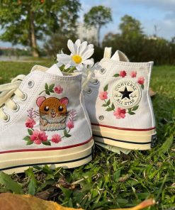 Converse embroidered custom Super cute Hamster in the middle of a flower garden a6