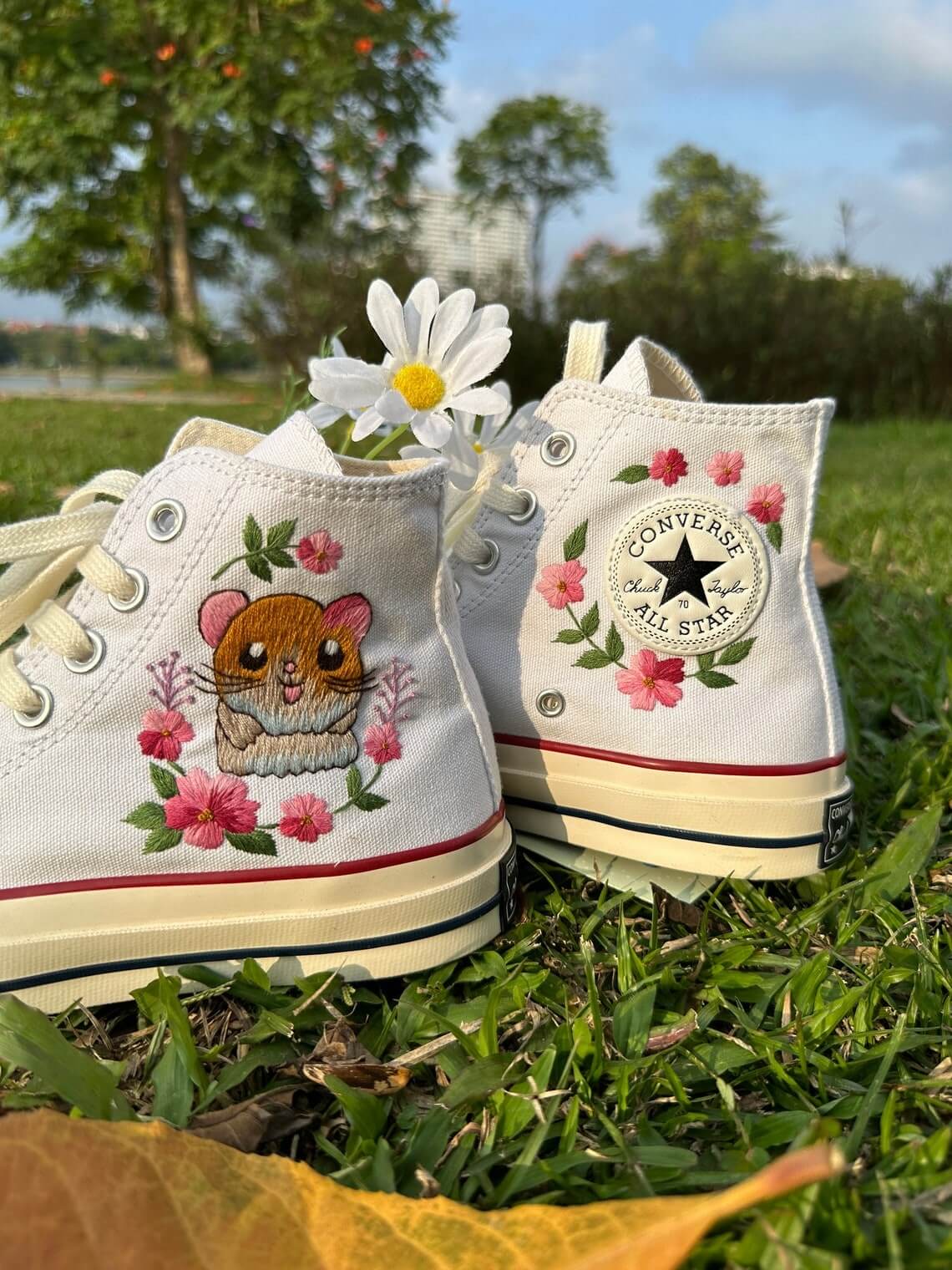 Converse embroidered custom Super cute Hamster in the middle of a flower garden a6