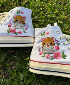 Converse embroidered custom Super cute Hamster in the middle of a flower garden a5