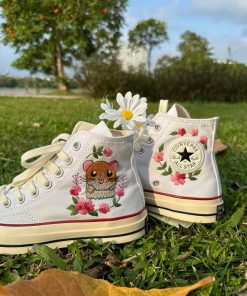 a3 Converse embroidered custom Super cute Hamster in the middle of a flower garden