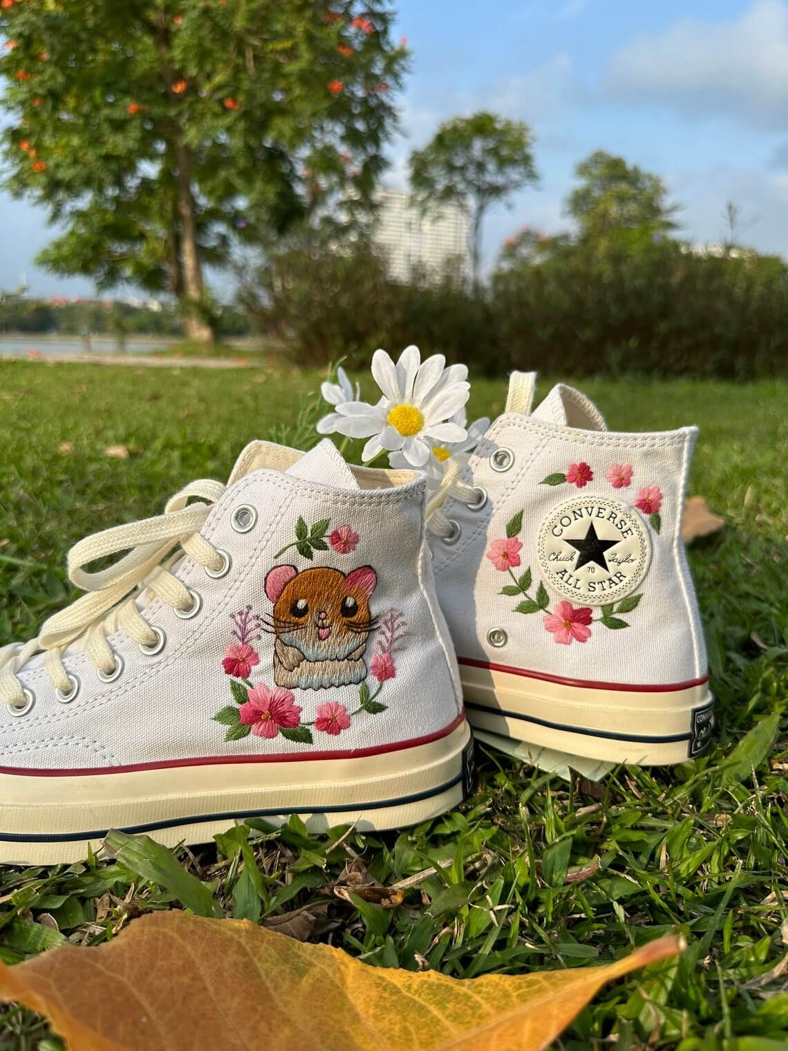 83.4 a3 Converse embroidered custom Super cute Hamster in the middle of a flower garden