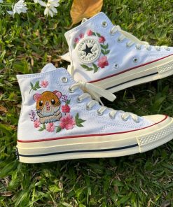 a2 Converse embroidered custom Super cute Hamster in the middle of a flower garden