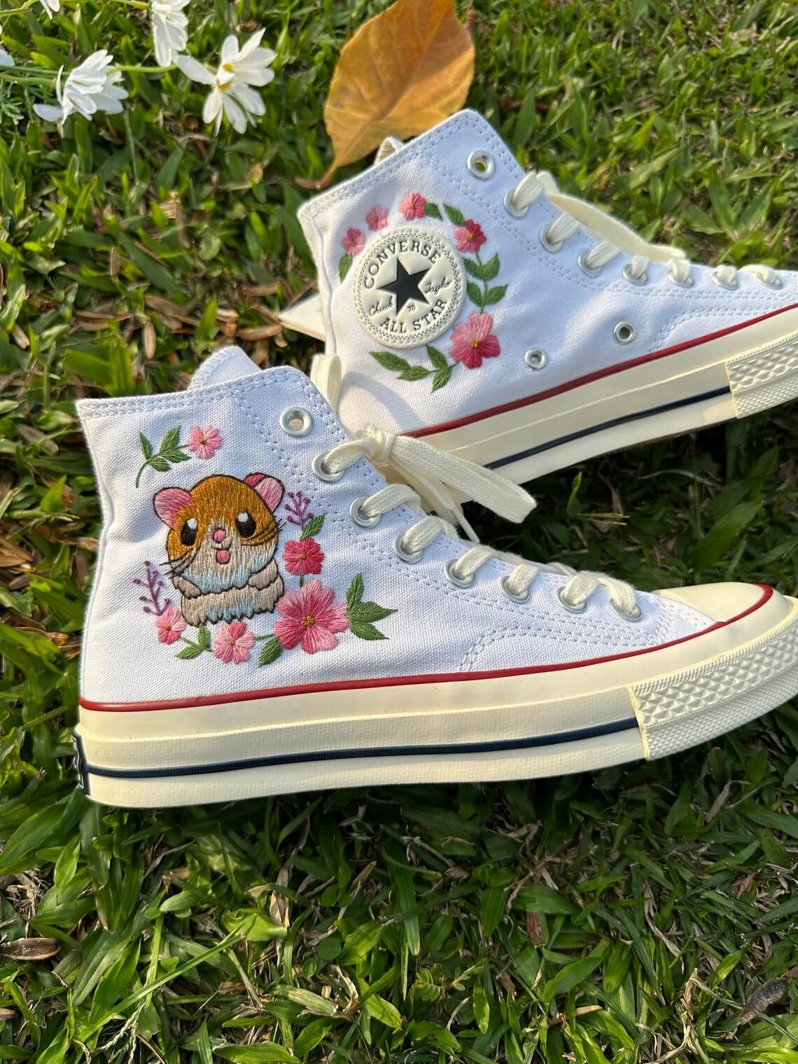 83.5 a2 Converse embroidered custom Super cute Hamster in the middle of a flower garden