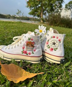 a1 Converse embroidered custom Super cute Hamster in the middle of a flower garden