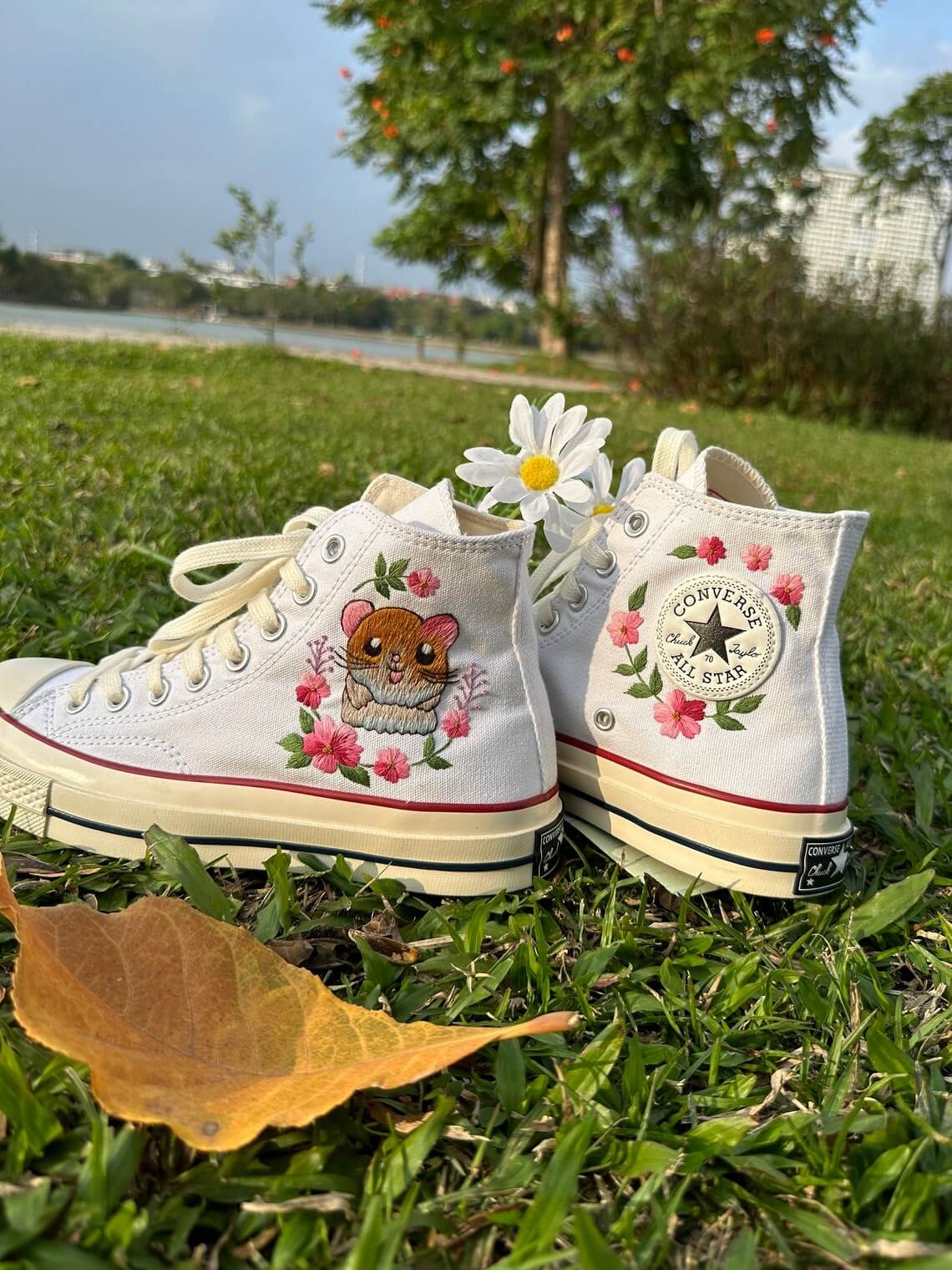 83.6 a1 Converse embroidered custom Super cute Hamster in the middle of a flower garden