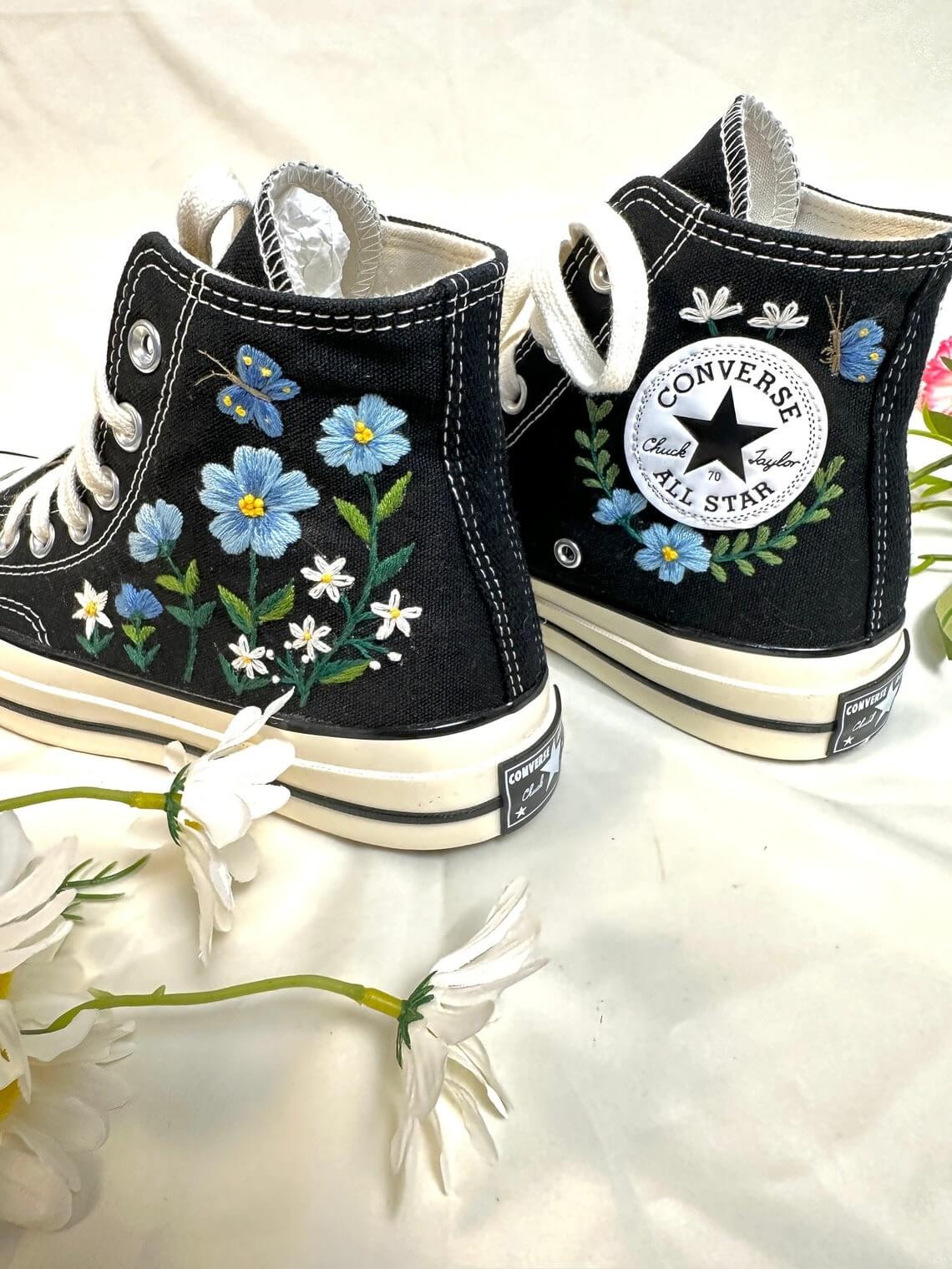 avt. Converse embroidered high tops with blue flowers and monarch butterflies