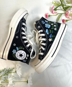 a2. Converse embroidered high tops with blue flowers and monarch butterflies